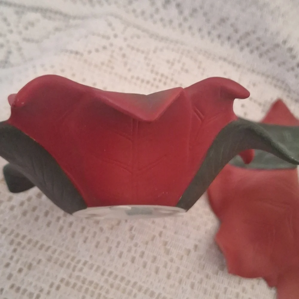 Vtg Christmas Pair PartyLite Poinsettia Ceramic Flowers Candle Holders Dishes